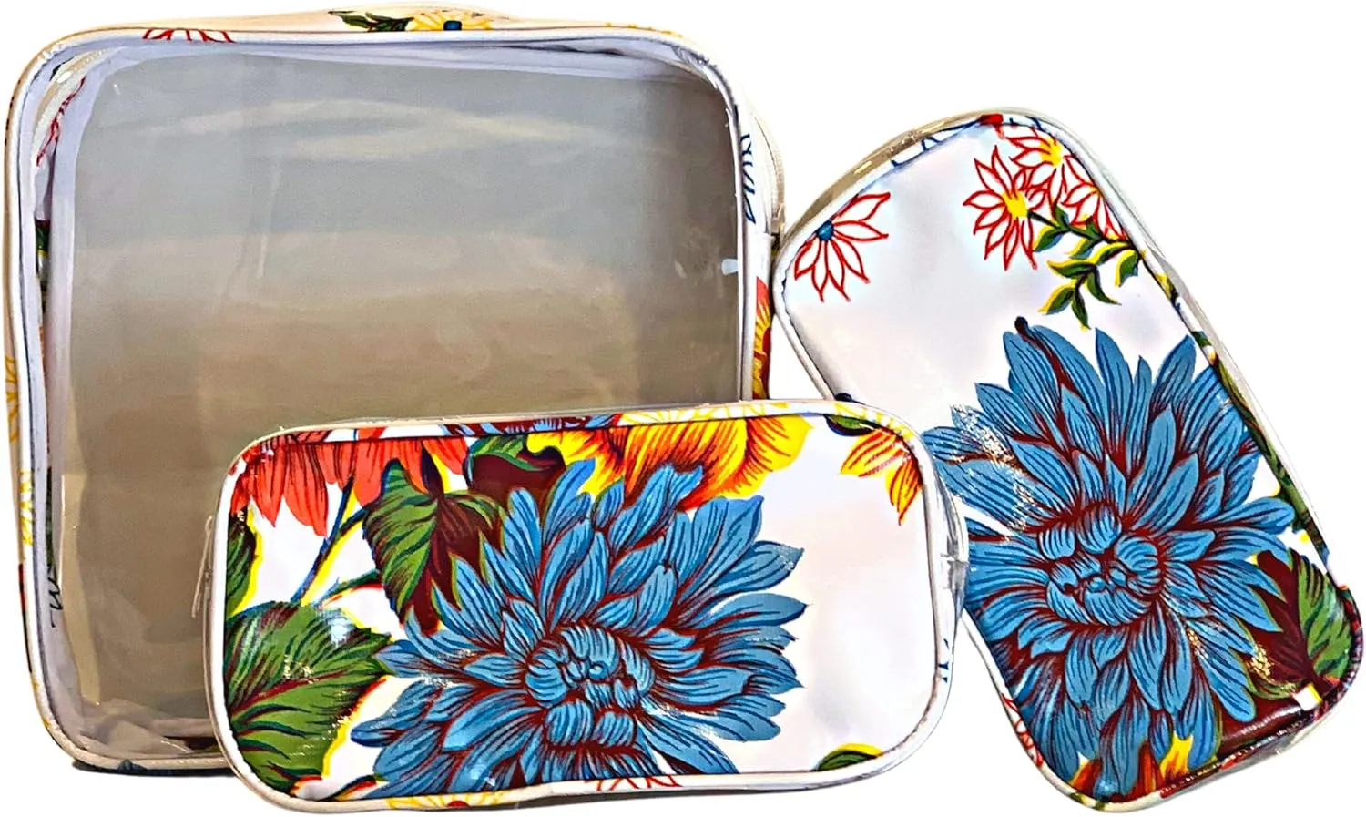 Alux 3-Pc Travel Makeup Bags for Women; Multi-Color, Chic and Stylish Travel Toiletry Bag Set; Large and Medium Makeup Bags for Vanity and Luggage and Small Makeup Bag for Purse - Chrysanthemums White