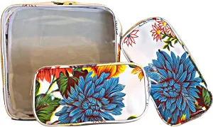 Alux 3-Pc Travel Makeup Bags for Women; Multi-Color, Chic and Stylish Travel Toiletry Bag Set; Large and Medium Makeup Bags for Vanity and Luggage and Small Makeup Bag for Purse - Chrysanthemums White