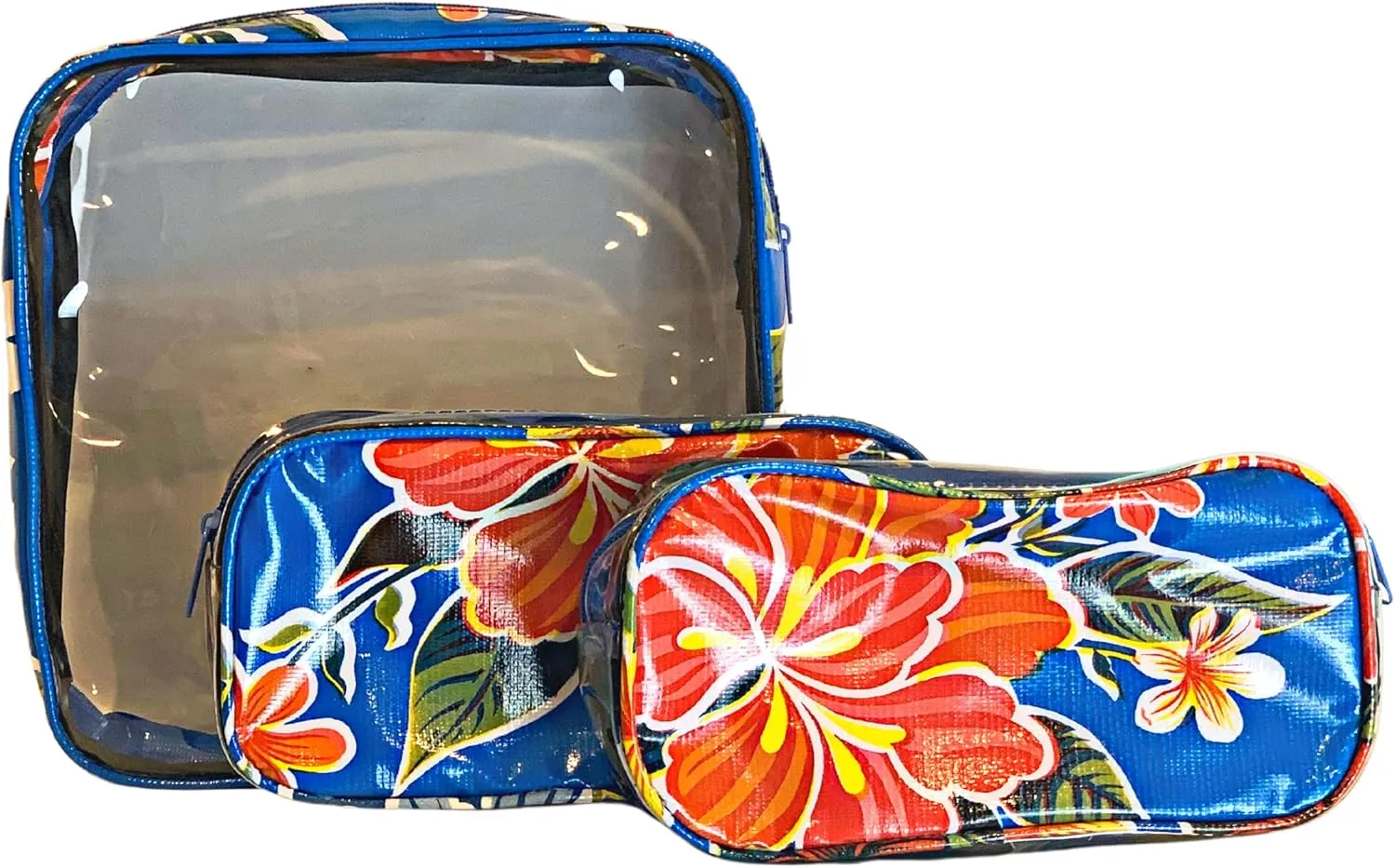 Alux 3-Pc Travel Makeup Bags for Women; Multi-Color, Chic and Stylish Travel Toiletry Bag Set; Large and Medium Makeup Bags for Vanity and Luggage and Small Makeup Bag for Purse - Hibiscus Blue