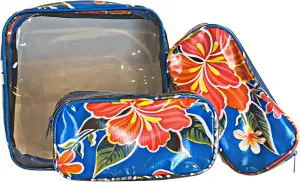 Alux 3-Pc Travel Makeup Bags for Women; Multi-Color, Chic and Stylish Travel Toiletry Bag Set; Large and Medium Makeup Bags for Vanity and Luggage and Small Makeup Bag for Purse - Hibiscus Blue