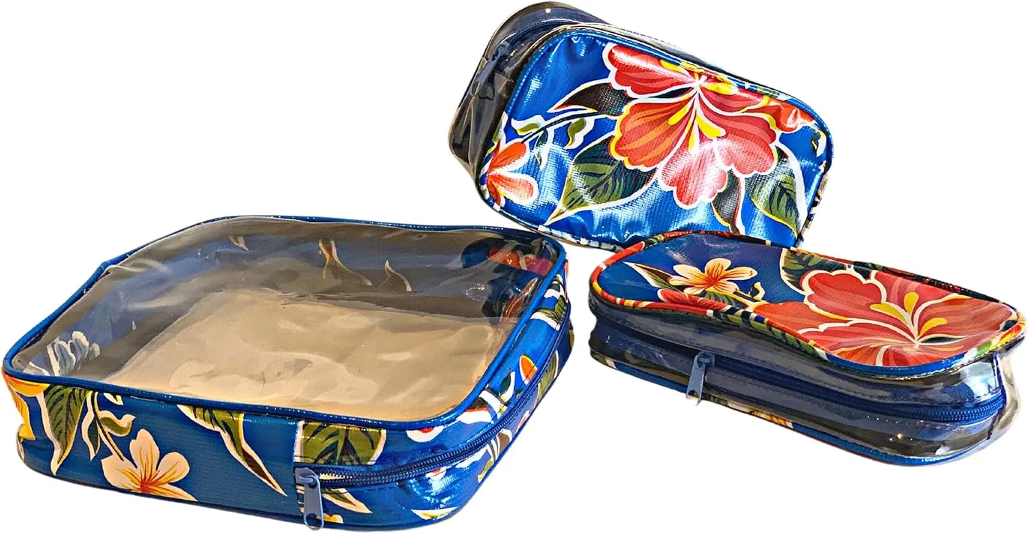 Alux 3-Pc Travel Makeup Bags for Women; Multi-Color, Chic and Stylish Travel Toiletry Bag Set; Large and Medium Makeup Bags for Vanity and Luggage and Small Makeup Bag for Purse - Hibiscus Blue