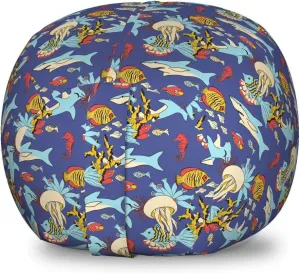 Ambesonne Seahorse Storage Toy Bag Chair, Colorful Underwater World Summer Ocean Doodle Shark Jellyfish Fish, Stuffed Animal Organizer Washable Bag, Small Size, Dark Violet Multicolor