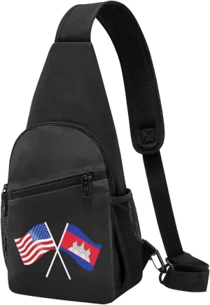 American And Cambodia Flag Chest Pack Leisure Shoulder Crossbody Chest Bag