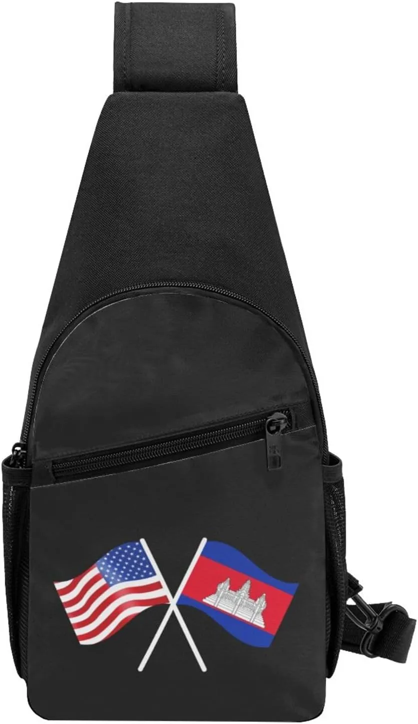 American And Cambodia Flag Chest Pack Leisure Shoulder Crossbody Chest Bag