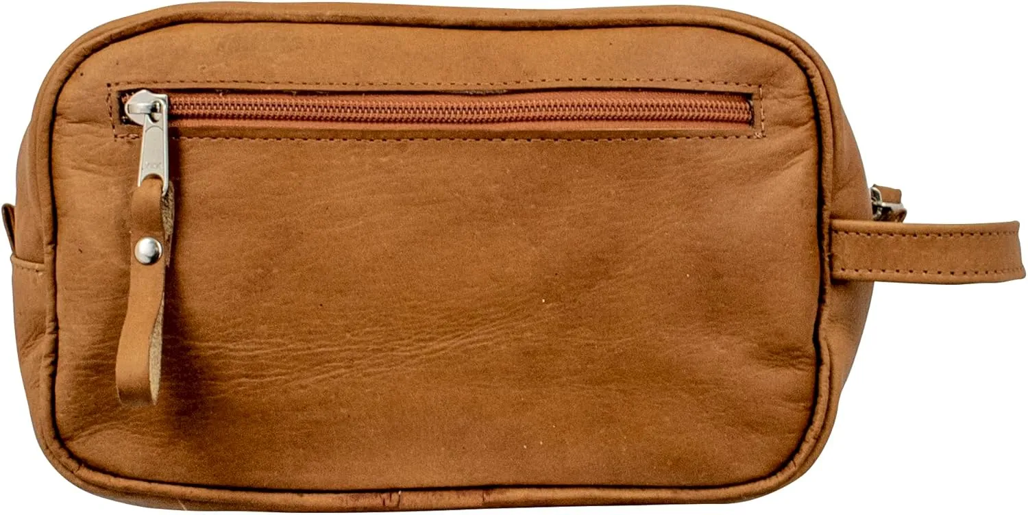 American West Waxed Leather Shave Kit/Toiletry Travel Bag - Western fashion (Natural Tan)