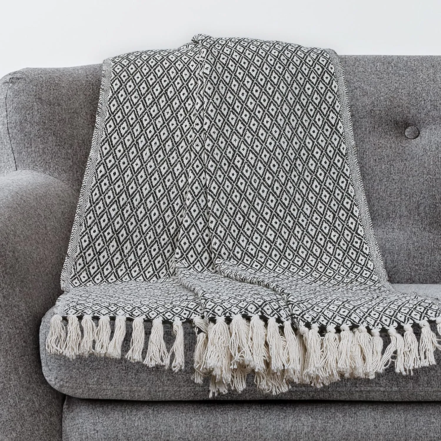 Americanflat 50x60 Throw Blanket - Soft and Breathable Cotton Throw Blanket for Couch, Bed, Chair - Decorative Blanket Perfect for Home, Office, or Outdoor Use - Mini Diamond Black and Cream Blanket
