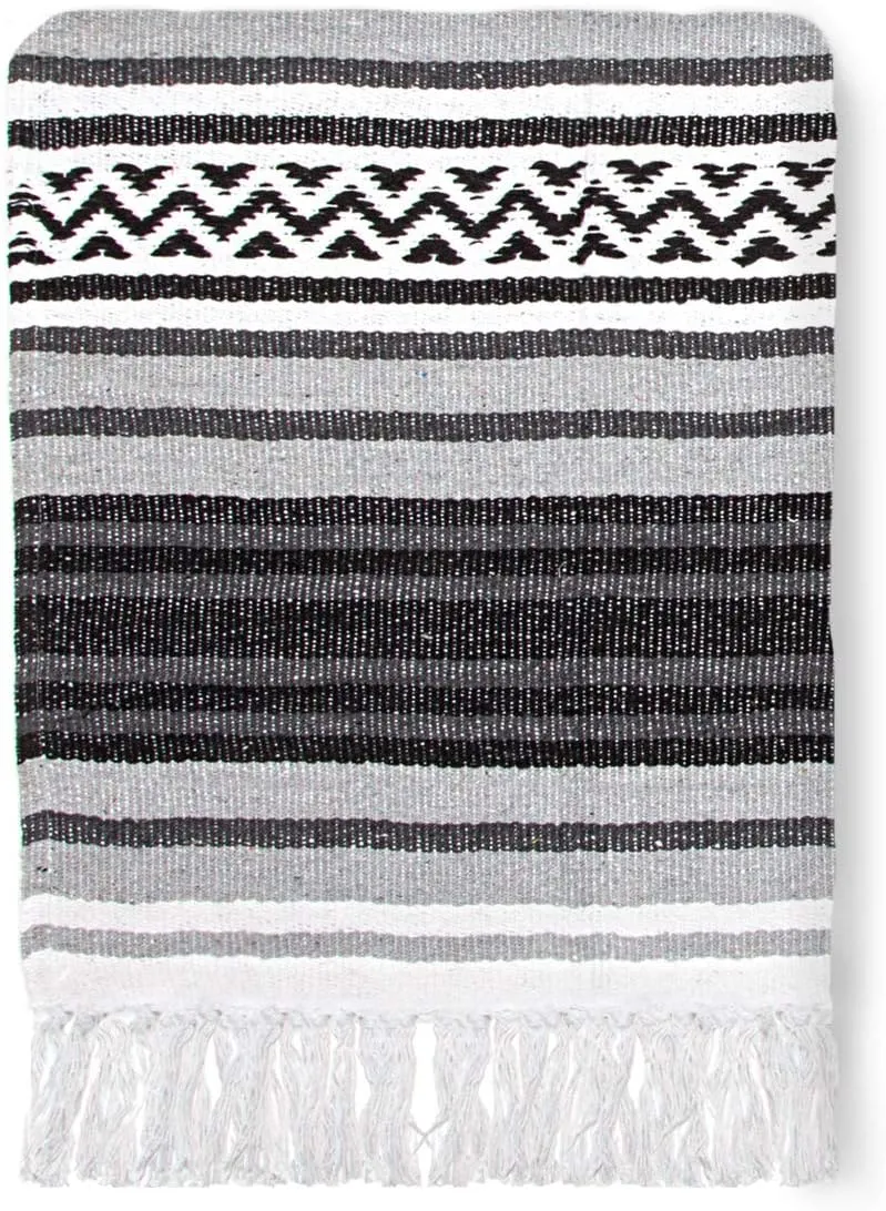 Americanflat Authentic Mexican Yoga Blanket - Soft Woven Cotton & Polyester Falsa Blanket in Grey Striped