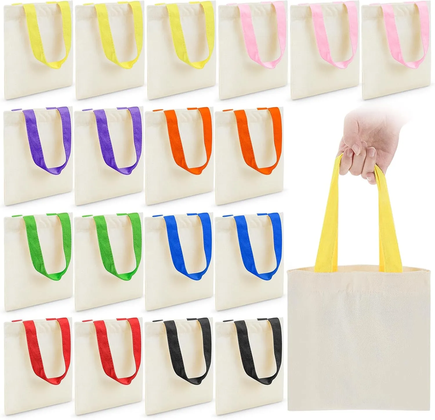 Amylove 24 Pcs Mini Tote Bag Sublimation Blank Canvas Tote Bags Reusable Grocery Luggage DIY Sack Goody for Party Even (10 x 10 Inch,Natural with Colorful Handle)