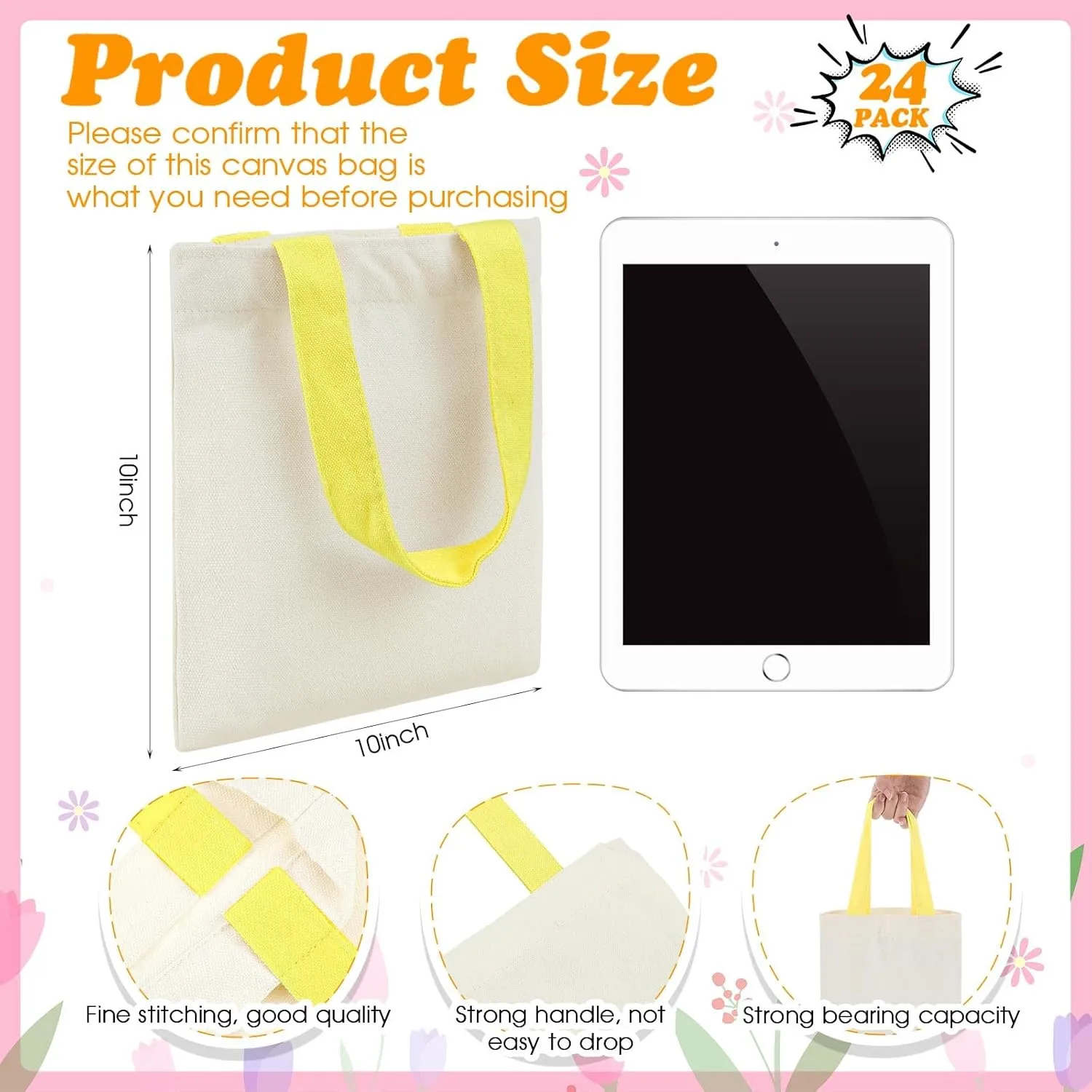 Amylove 24 Pcs Mini Tote Bag Sublimation Blank Canvas Tote Bags Reusable Grocery Luggage DIY Sack Goody for Party Even (10 x 10 Inch,Natural with Colorful Handle)