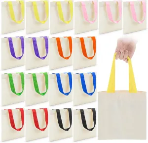Amylove 24 Pcs Mini Tote Bag Sublimation Blank Canvas Tote Bags Reusable Grocery Luggage DIY Sack Goody for Party Even (10 x 10 Inch,Natural with Colorful Handle)