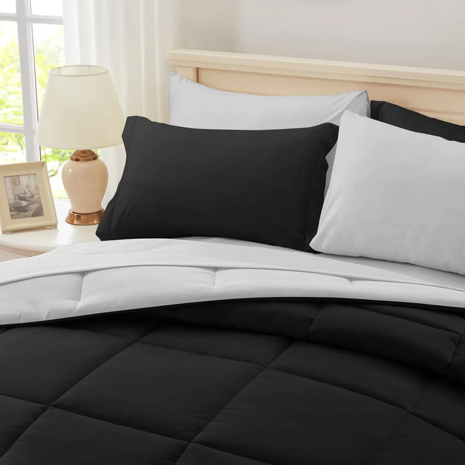 Anluoer King Size Bed in a Bag 7 Pieces, Black and Grey Bed Comforter Set with Sheets, All Season Bedding Sets with 1 Comforter,2 Pillow Shams,2 Pillowcases, 1 Flat Sheet, 1 Fitted Sheet