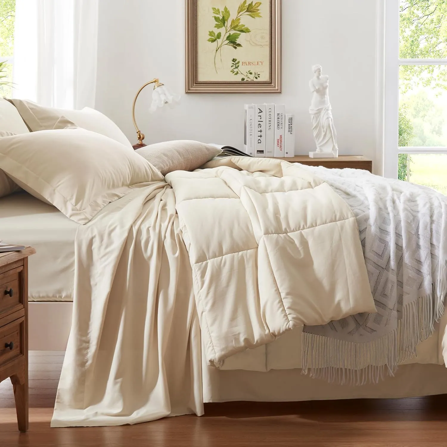 Anluoer Queen Comforter Set 7 Piece, Cream Bed in a Bag with Sheets, Comforters Queen Size Bedding Sets with 1 Comforter, 2 Pillow Shams, 2 Pillowcases, 1 Flat Sheet,1 Fitted Sheet
