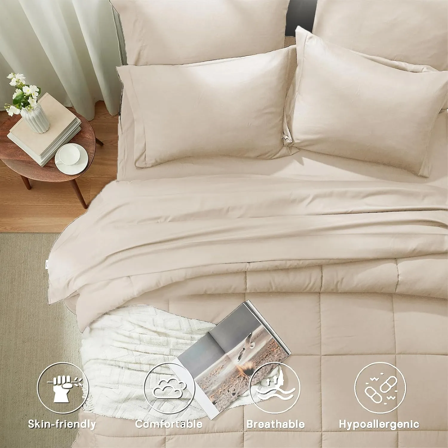 Anluoer Queen Comforter Set 7 Piece, Cream Bed in a Bag with Sheets, Comforters Queen Size Bedding Sets with 1 Comforter, 2 Pillow Shams, 2 Pillowcases, 1 Flat Sheet,1 Fitted Sheet