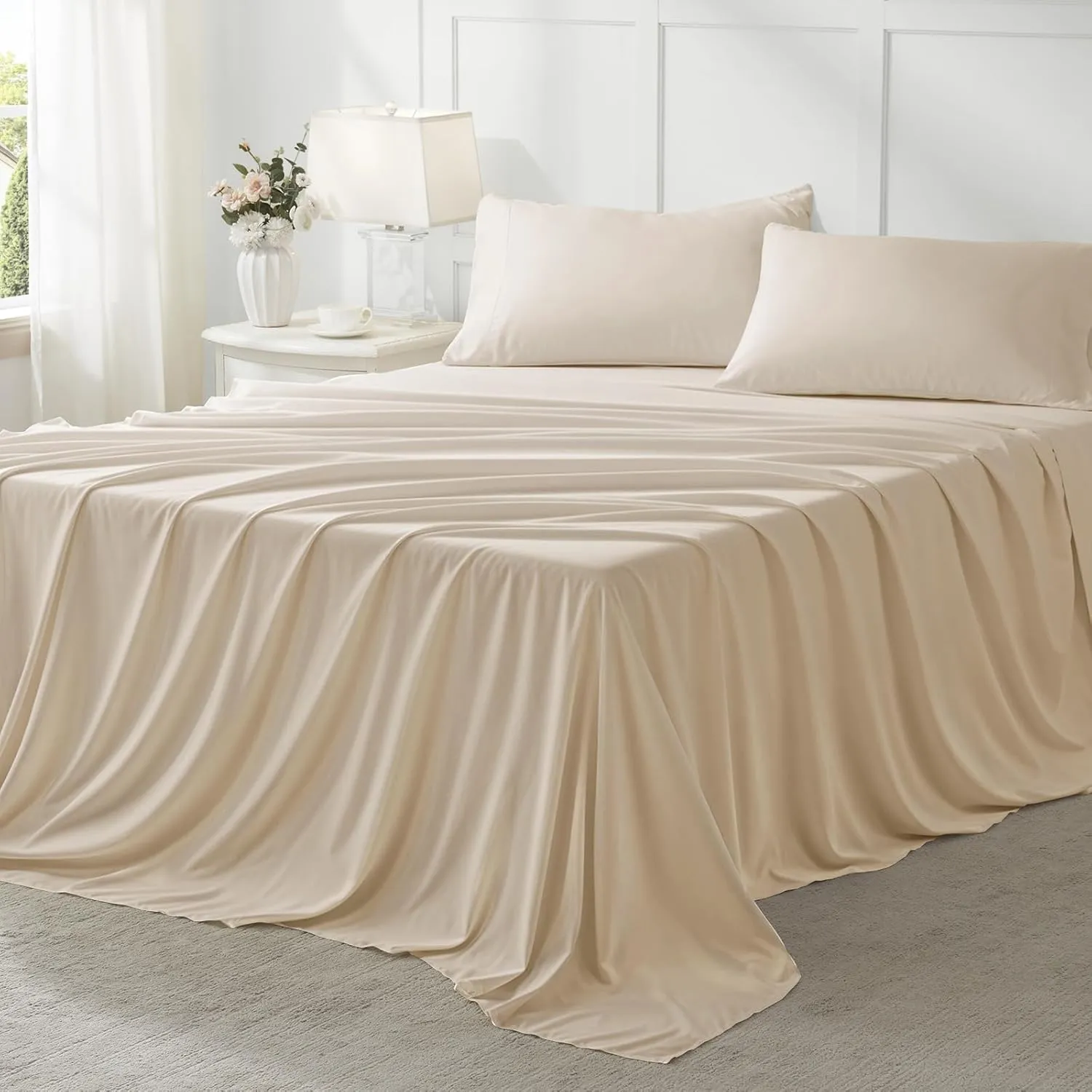 Anluoer Queen Comforter Set 7 Piece, Cream Bed in a Bag with Sheets, Comforters Queen Size Bedding Sets with 1 Comforter, 2 Pillow Shams, 2 Pillowcases, 1 Flat Sheet,1 Fitted Sheet