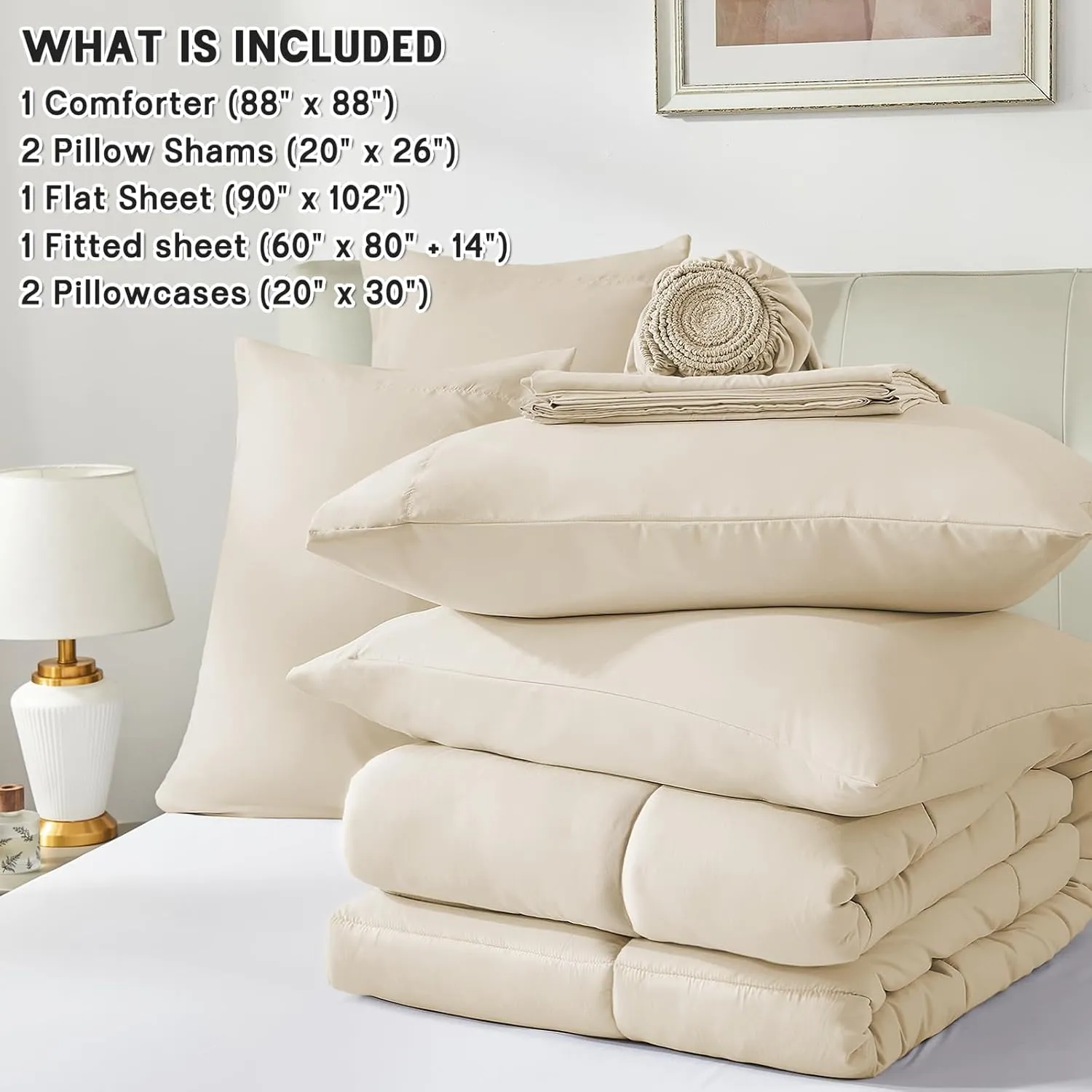 Anluoer Queen Comforter Set 7 Piece, Cream Bed in a Bag with Sheets, Comforters Queen Size Bedding Sets with 1 Comforter, 2 Pillow Shams, 2 Pillowcases, 1 Flat Sheet,1 Fitted Sheet