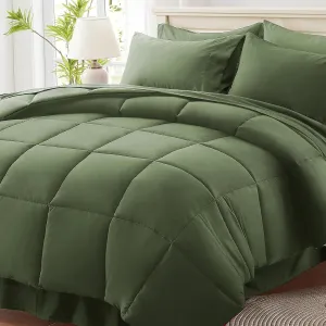 Anluoer Queen Comforter Set 7 Piece, Olive Green Bed in a Bag with All Season Bedding Comforter Sets, 1 Comforter, 2 Pillow Shams, 2 Pillowcases, 1 Flat Sheet, 1 Fitted Sheet