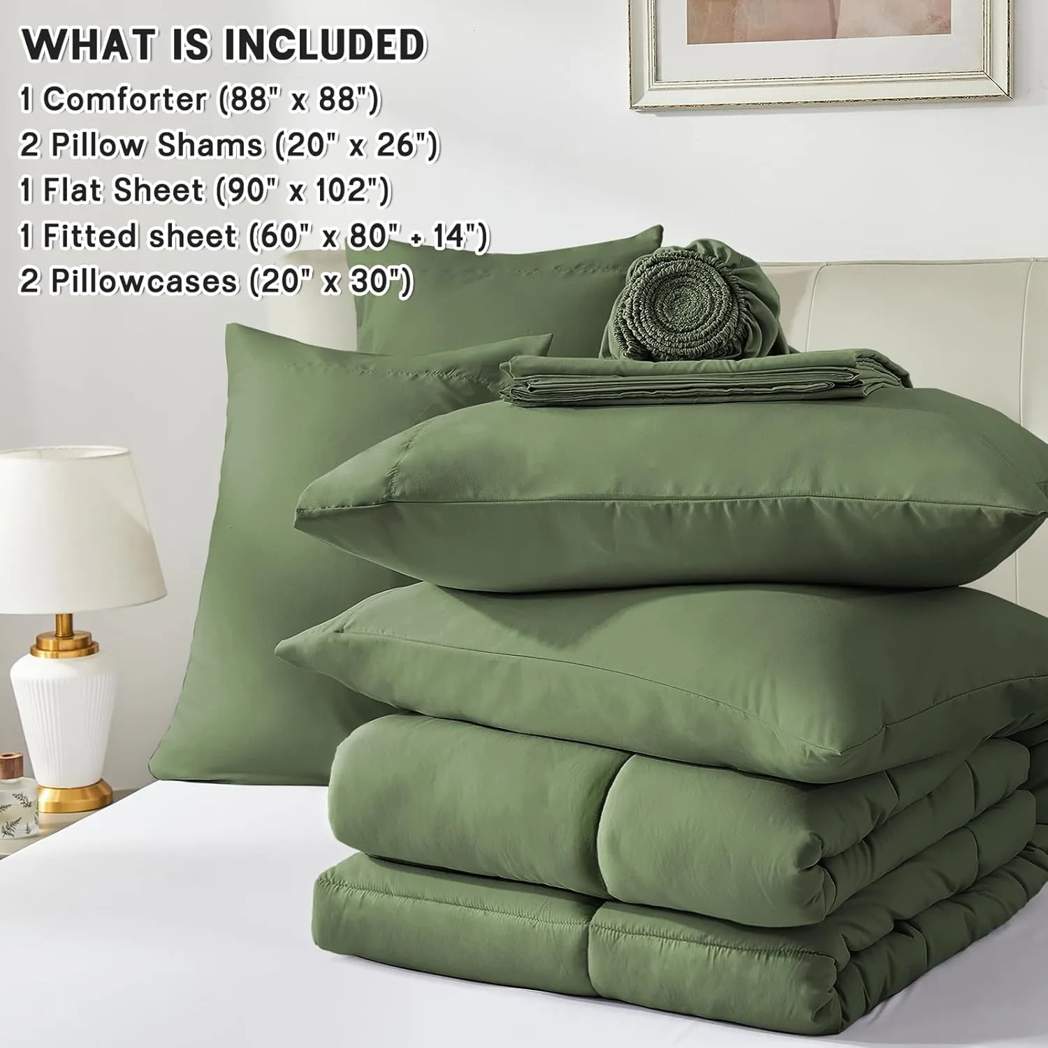 Anluoer Queen Comforter Set 7 Piece, Olive Green Bed in a Bag with All Season Bedding Comforter Sets, 1 Comforter, 2 Pillow Shams, 2 Pillowcases, 1 Flat Sheet, 1 Fitted Sheet