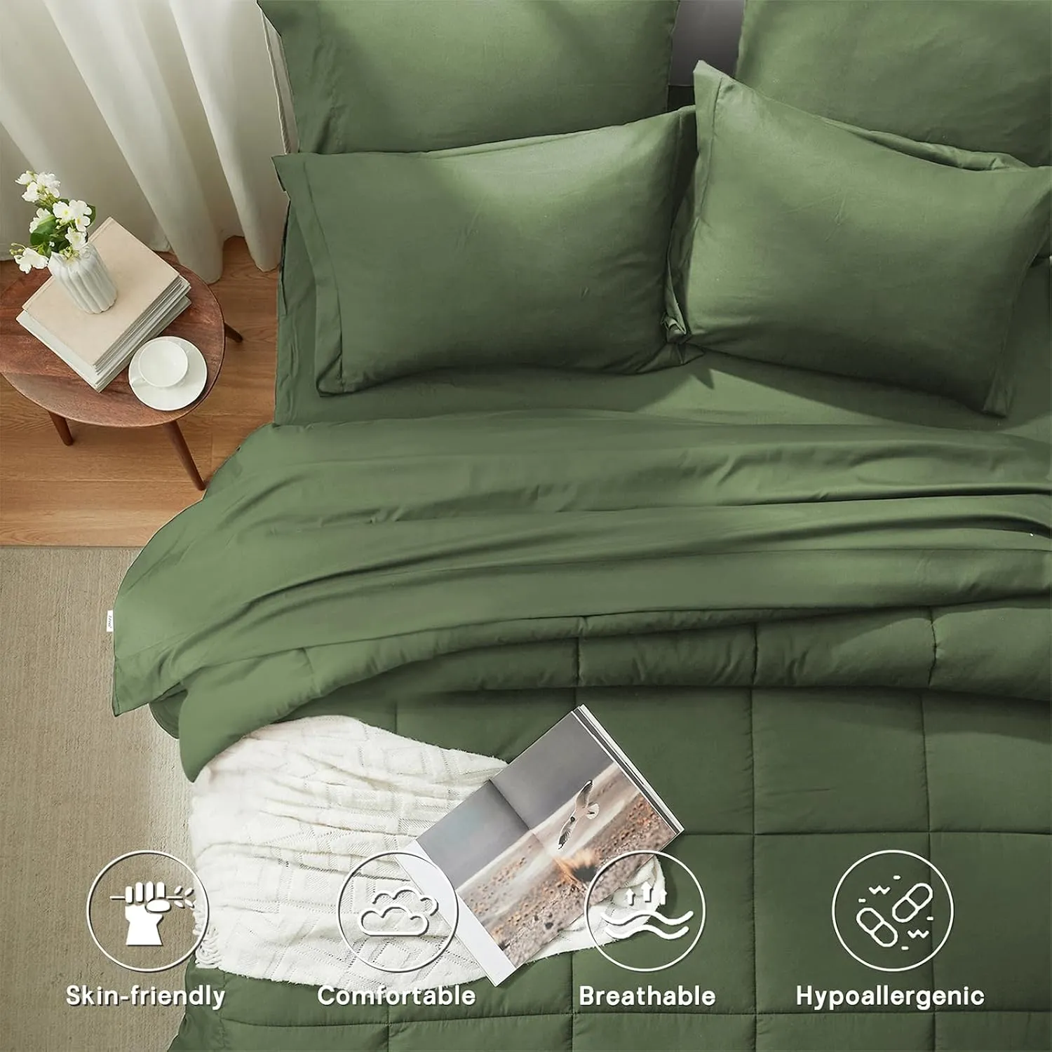Anluoer Queen Comforter Set 7 Piece, Olive Green Bed in a Bag with All Season Bedding Comforter Sets, 1 Comforter, 2 Pillow Shams, 2 Pillowcases, 1 Flat Sheet, 1 Fitted Sheet