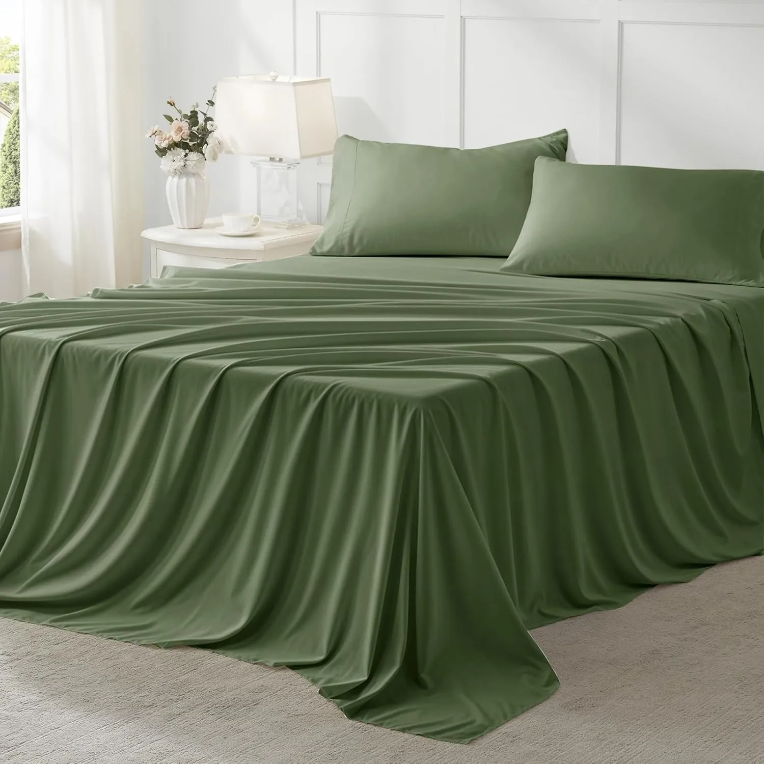 Anluoer Queen Comforter Set 7 Piece, Olive Green Bed in a Bag with All Season Bedding Comforter Sets, 1 Comforter, 2 Pillow Shams, 2 Pillowcases, 1 Flat Sheet, 1 Fitted Sheet