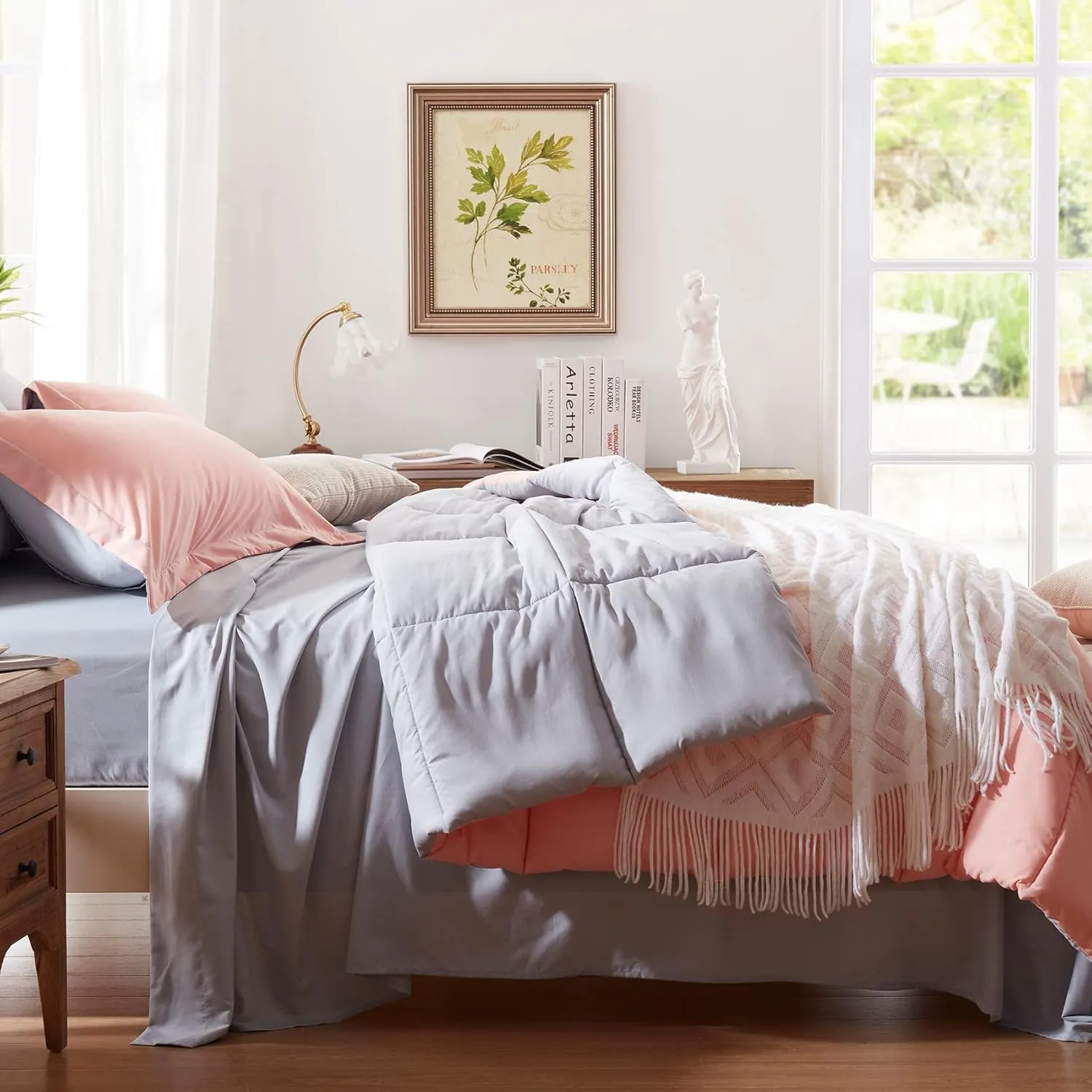 Anluoer Queen Size Bed in a Bag 7 Pieces, Pink Bed Comforter Set with Sheets, All Season Bedding Sets with 1 Comforter, 2 Pillow Shams, 2 Pillowcases, 1 Flat Sheet, 1 Fitted Sheet