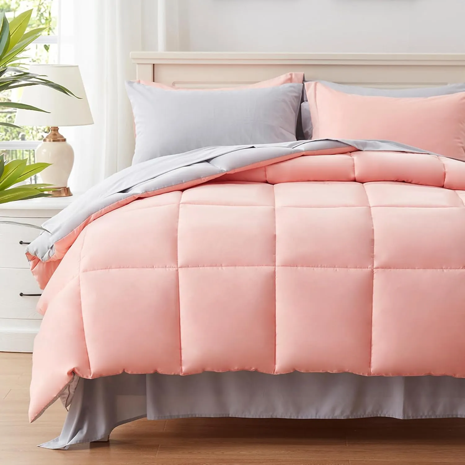 Anluoer Queen Size Bed in a Bag 7 Pieces, Pink Bed Comforter Set with Sheets, All Season Bedding Sets with 1 Comforter, 2 Pillow Shams, 2 Pillowcases, 1 Flat Sheet, 1 Fitted Sheet