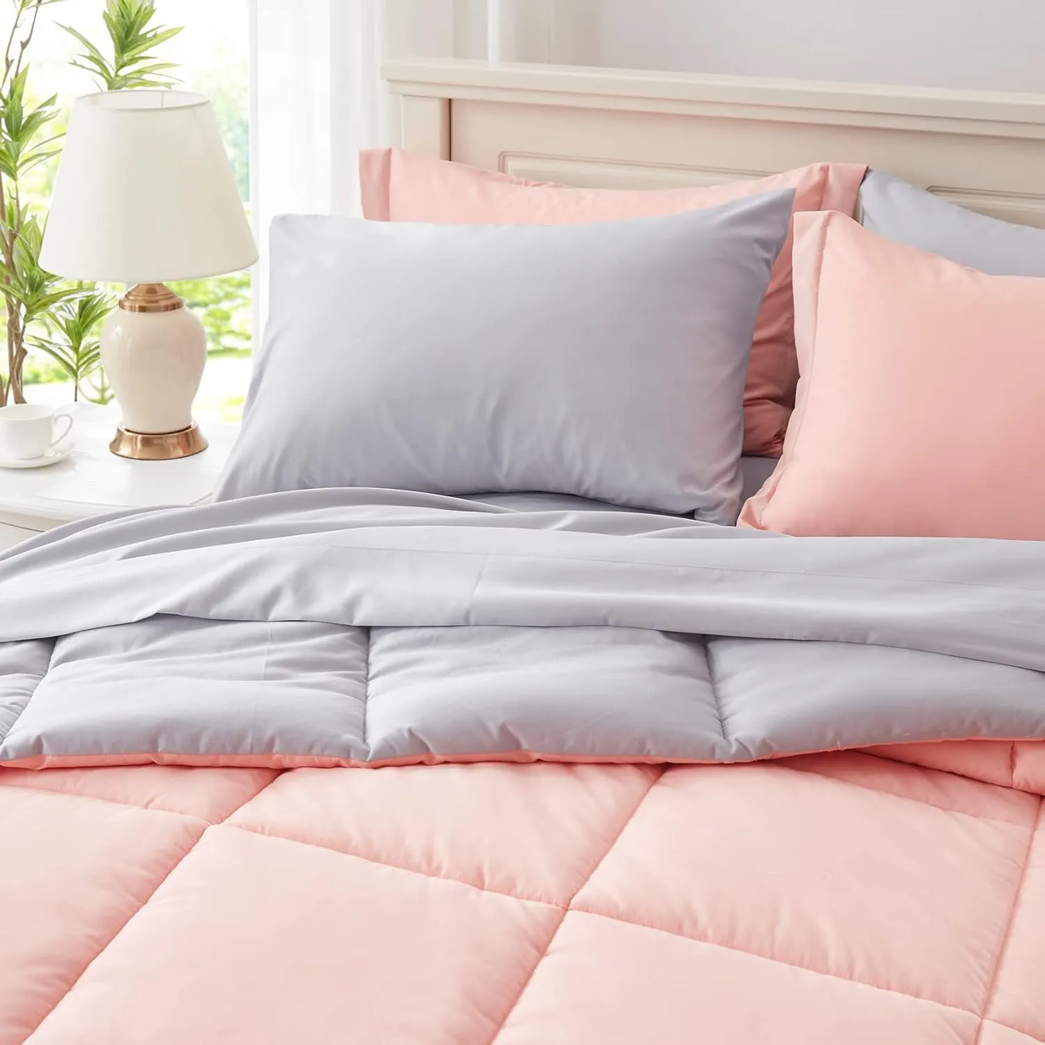 Anluoer Queen Size Bed in a Bag 7 Pieces, Pink Bed Comforter Set with Sheets, All Season Bedding Sets with 1 Comforter, 2 Pillow Shams, 2 Pillowcases, 1 Flat Sheet, 1 Fitted Sheet