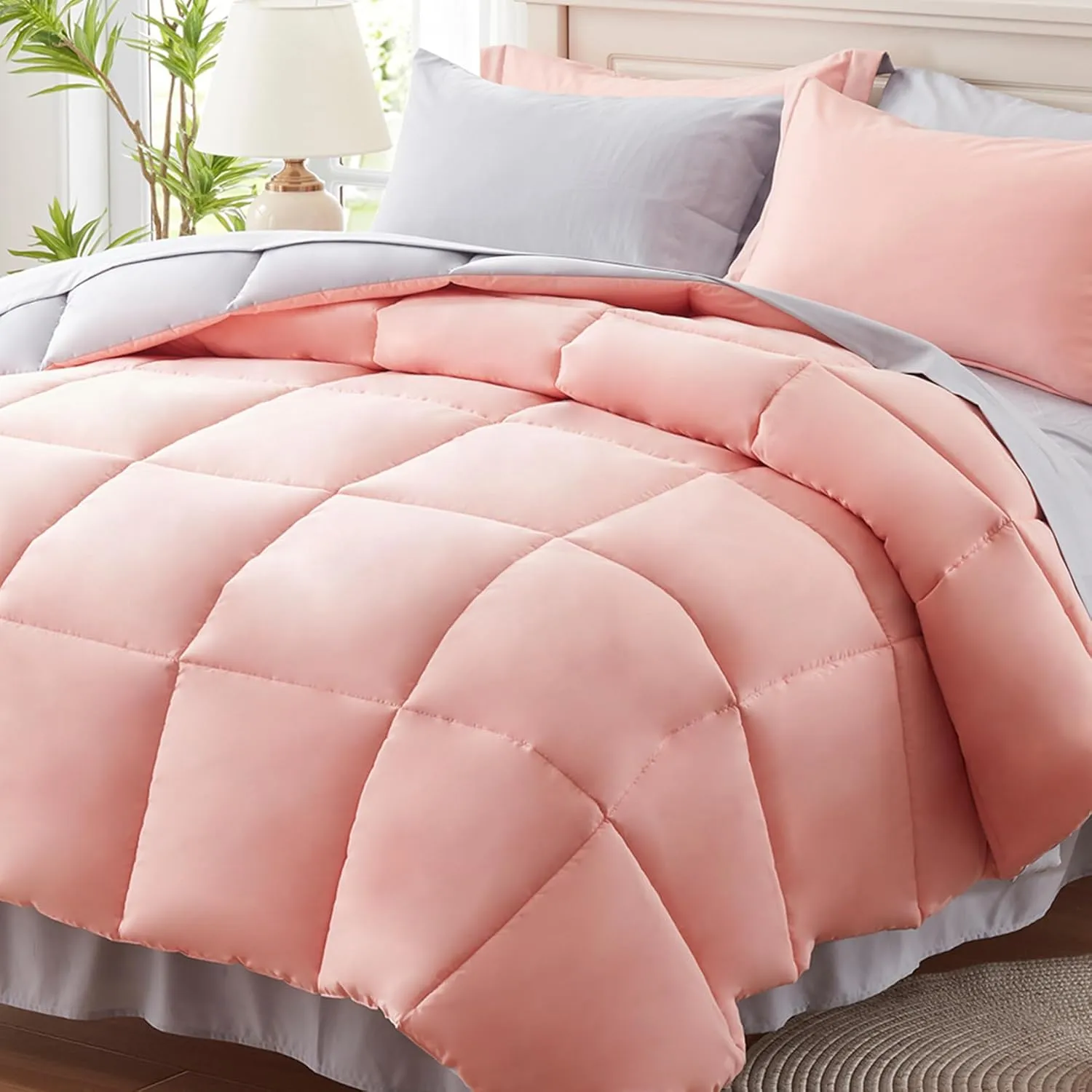 Anluoer Queen Size Bed in a Bag 7 Pieces, Pink Bed Comforter Set with Sheets, All Season Bedding Sets with 1 Comforter, 2 Pillow Shams, 2 Pillowcases, 1 Flat Sheet, 1 Fitted Sheet