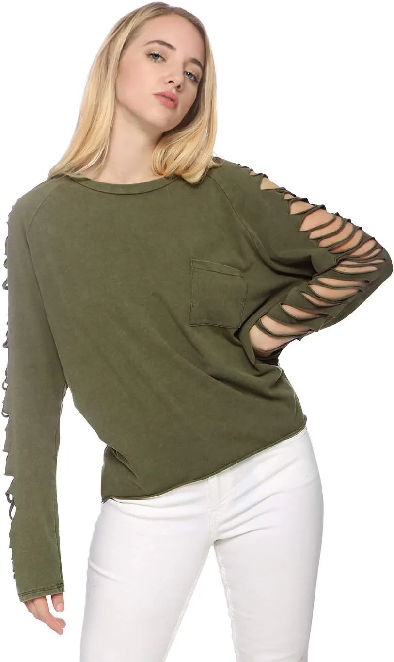Anna-Kaci Ripped Cut Out Holes Long Sleeve Faded Distressed Top Pullover Shirt,