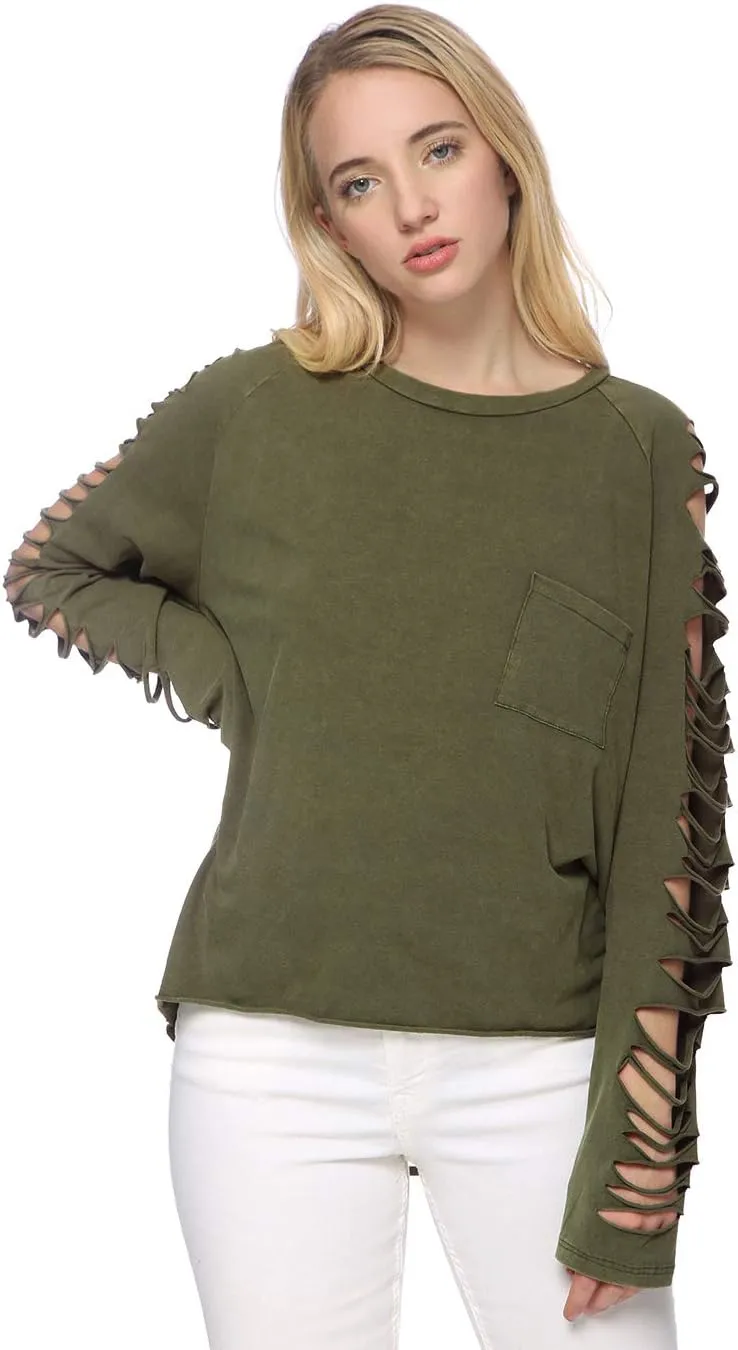 Anna-Kaci Ripped Cut Out Holes Long Sleeve Faded Distressed Top Pullover Shirt,