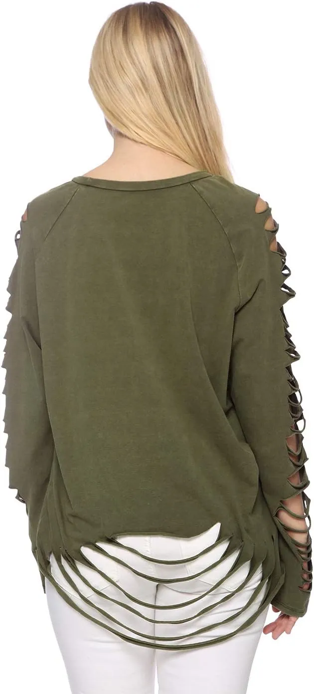 Anna-Kaci Ripped Cut Out Holes Long Sleeve Faded Distressed Top Pullover Shirt,