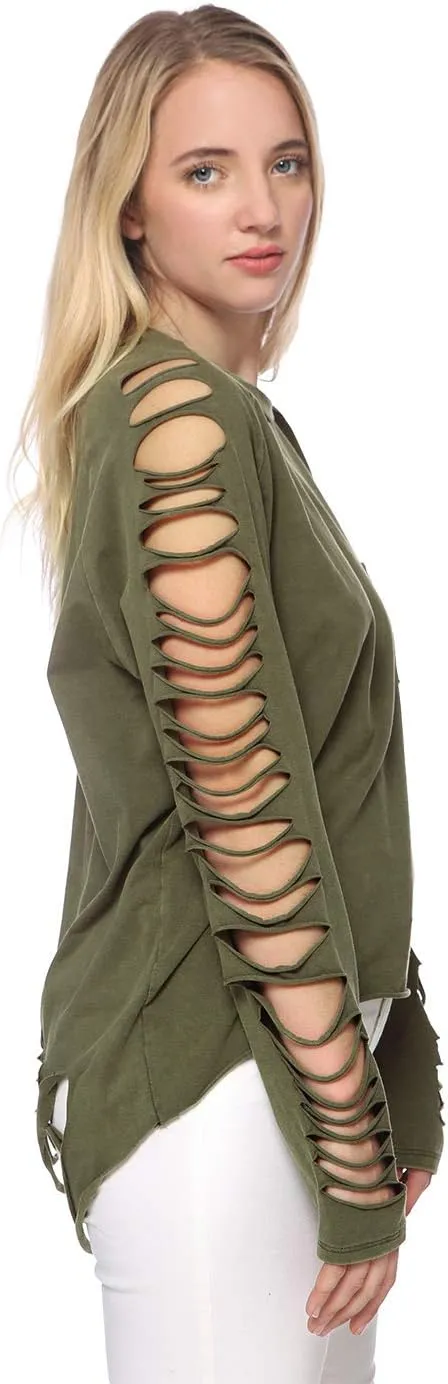 Anna-Kaci Ripped Cut Out Holes Long Sleeve Faded Distressed Top Pullover Shirt,