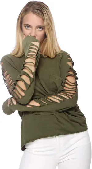 Anna-Kaci Ripped Cut Out Holes Long Sleeve Faded Distressed Top Pullover Shirt,