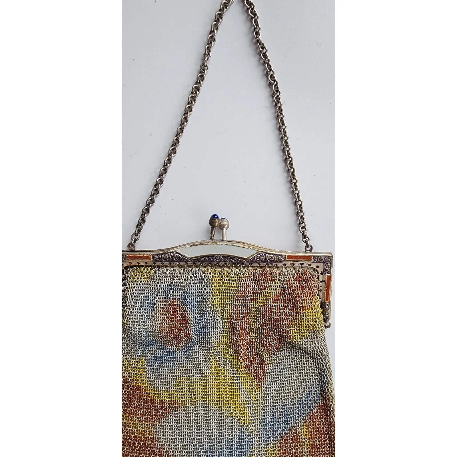 Antique 20s Mesh Bag Watercolor Pattern Art Deco Enamel Frame
