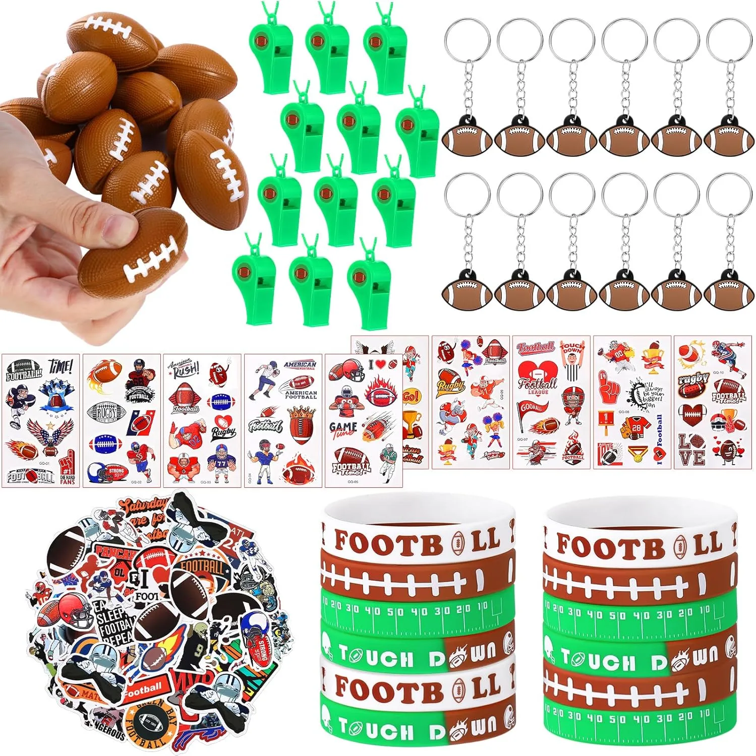 Aoriher 108 Pcs Football Party Favors Set Football Party Themed Goodie Bag Fillers Mini Football Balls Whistle Silicone Bracelet Tattoo Sticker Temporary Keychain for Sport Party Supplies