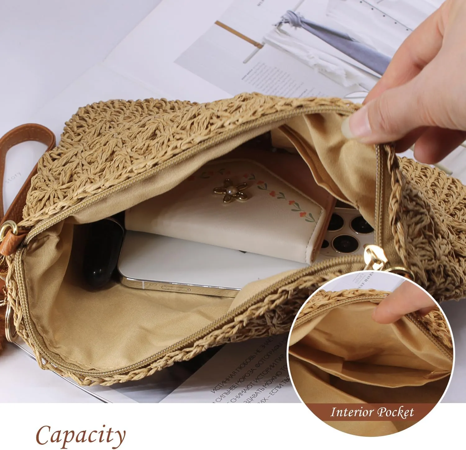 Aovtero Straw Crossbody Bags Women Summer Woven Shoulder Purse Beach Wristlet Zipper