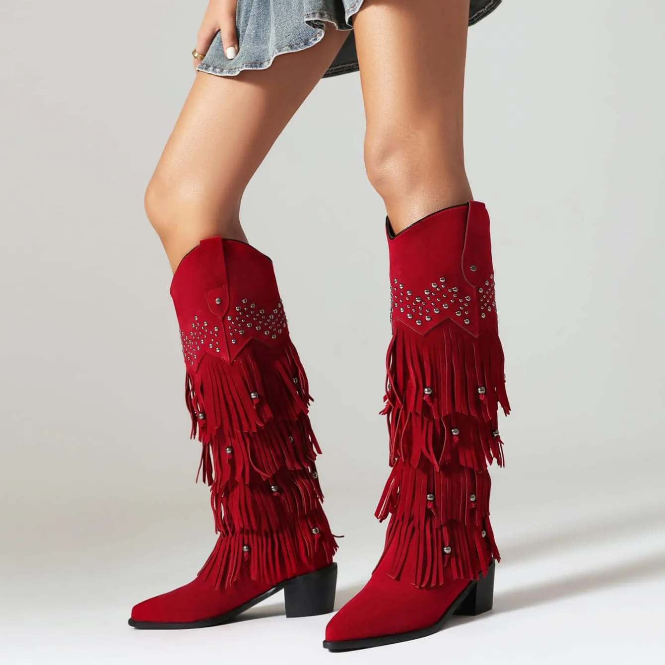 Arqa Women's Fringe Suede Knee High Boots Block Heel Western Cowboy Boot Wide Calf Pull-on Cowgirl Boot with Rivets