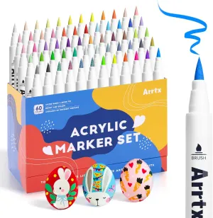 Arrtx 60 Colors Acrylic Paint Pens, Paint Markers Paint Pens, Brush Tip for Rock Painting, Wood, Canvas, Stone, Ceramic, DIY Crafts Making Art Supplies-with Neon & Metallic & Regular Color-60A