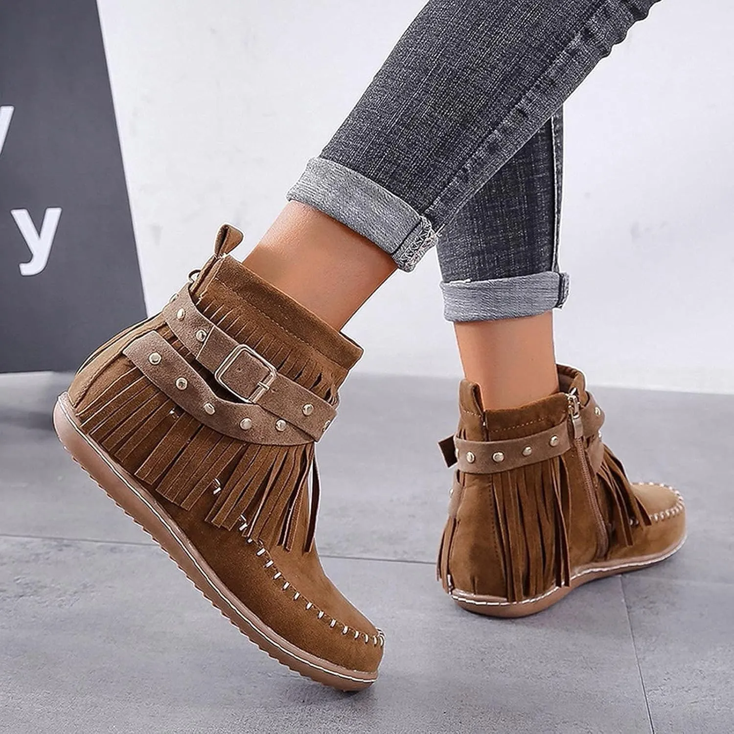 AUNTHUI Sursell Women's Suede Fringe Ankle Boots Round Toe Flats,Winter Warm Fashionable Western Outdoor Short Boots with Zipper