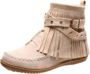 AUNTHUI Sursell Women's Suede Fringe Ankle Boots Round Toe Flats,Winter Warm Fashionable Western Outdoor Short Boots with Zipper