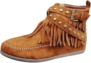 AUNTHUI Sursell Women's Suede Fringe Ankle Boots Round Toe Flats,Winter Warm Fashionable Western Outdoor Short Boots with Zipper
