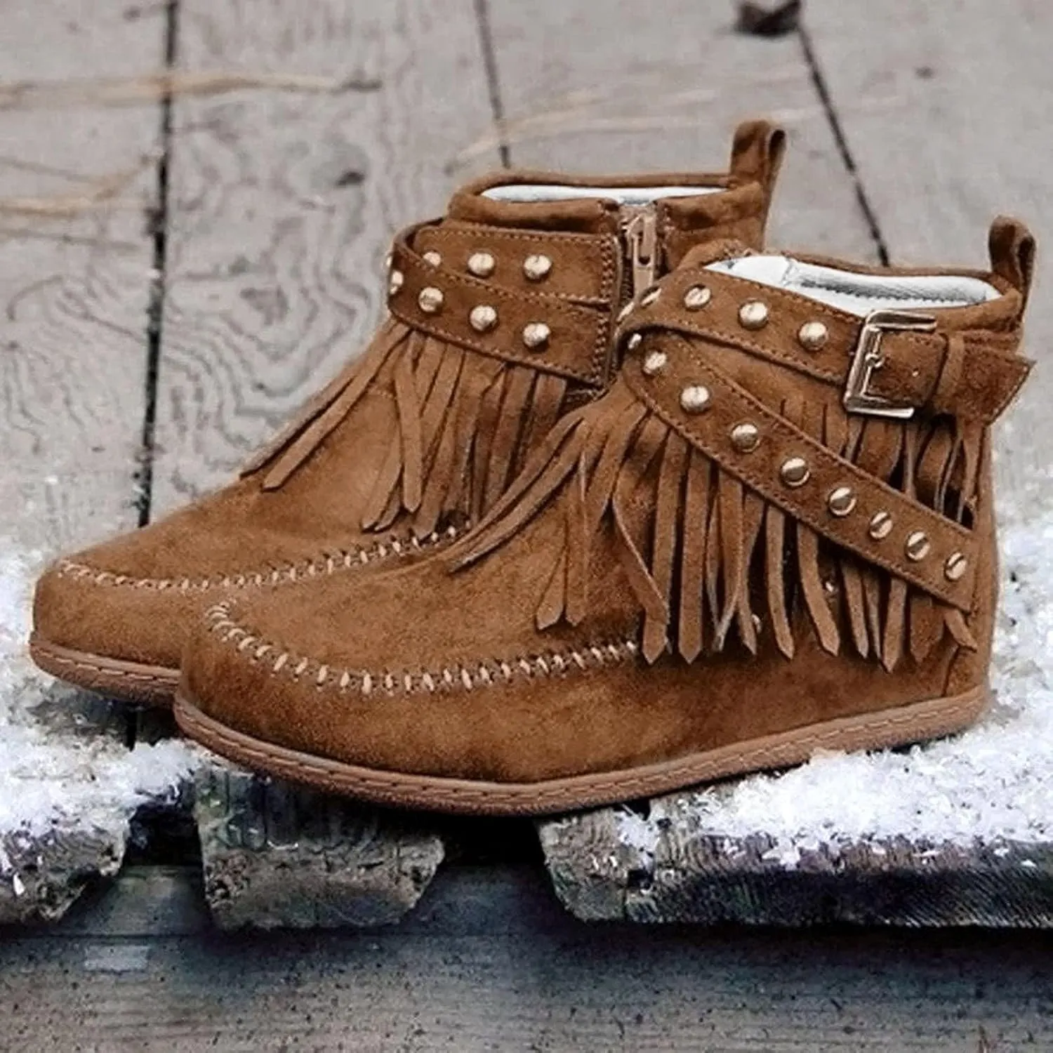 AUNTHUI Sursell Women's Suede Fringe Ankle Boots Round Toe Flats,Winter Warm Fashionable Western Outdoor Short Boots with Zipper