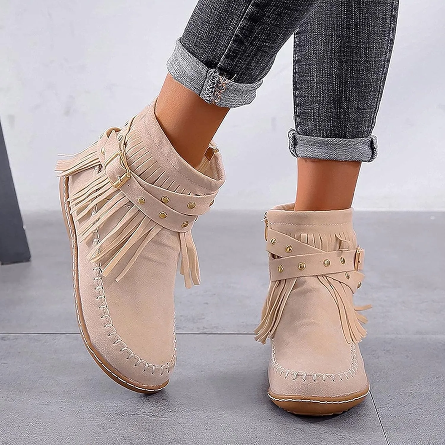 AUNTHUI Sursell Women's Suede Fringe Ankle Boots Round Toe Flats,Winter Warm Fashionable Western Outdoor Short Boots with Zipper