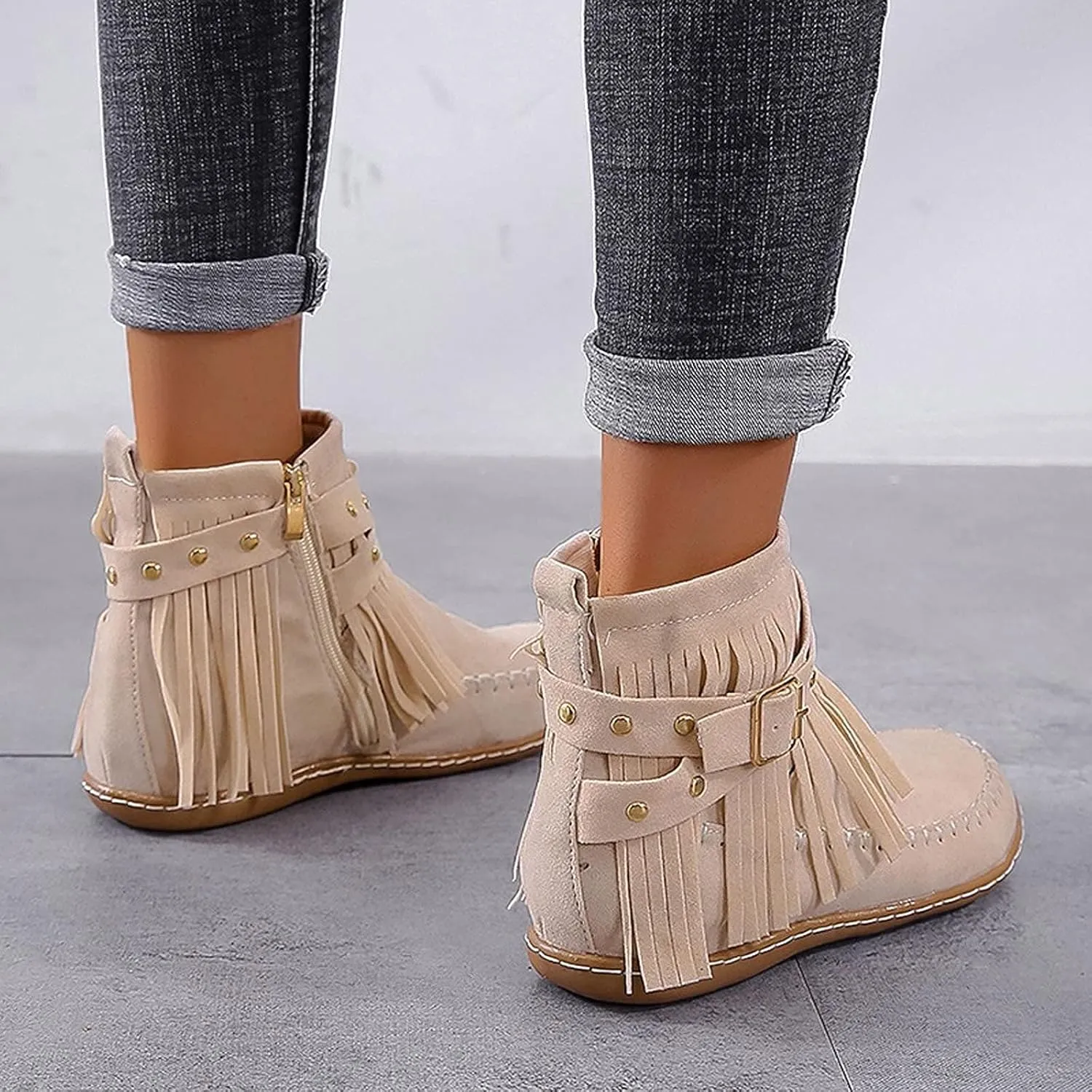 AUNTHUI Sursell Women's Suede Fringe Ankle Boots Round Toe Flats,Winter Warm Fashionable Western Outdoor Short Boots with Zipper