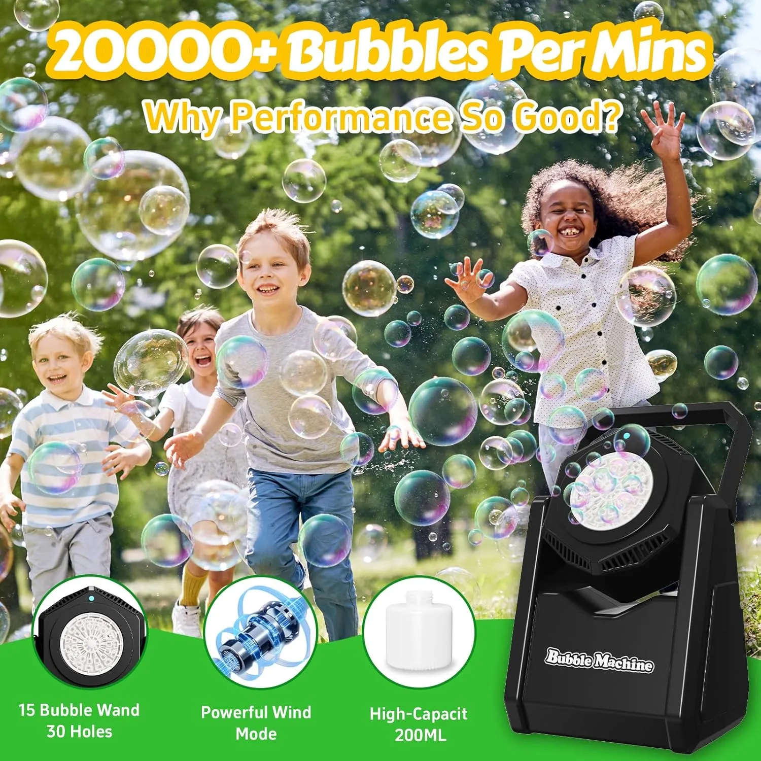 Automatic Bubble Machine, Bubble Blower for Kids Toddlers Battery Operated Bubble Toys 20000  Bubbles/Mins, Portable 90° Bubble Maker with Bubble Solutionfor Parties, Birthday, Wedding, Christmas
