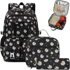 Backpack for Girls 3pcs Set Kids Backpack with Lunch Box Students Kawaii Book Bag for Elementary Primary Middle School Bags - Ita Backpack - Black Daisy