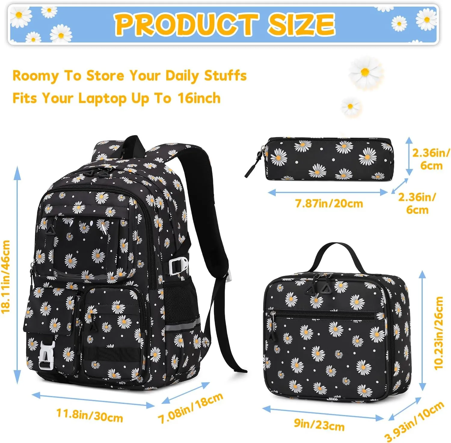 Backpack for Girls 3pcs Set Kids Backpack with Lunch Box Students Kawaii Book Bag for Elementary Primary Middle School Bags - Ita Backpack - Black Daisy