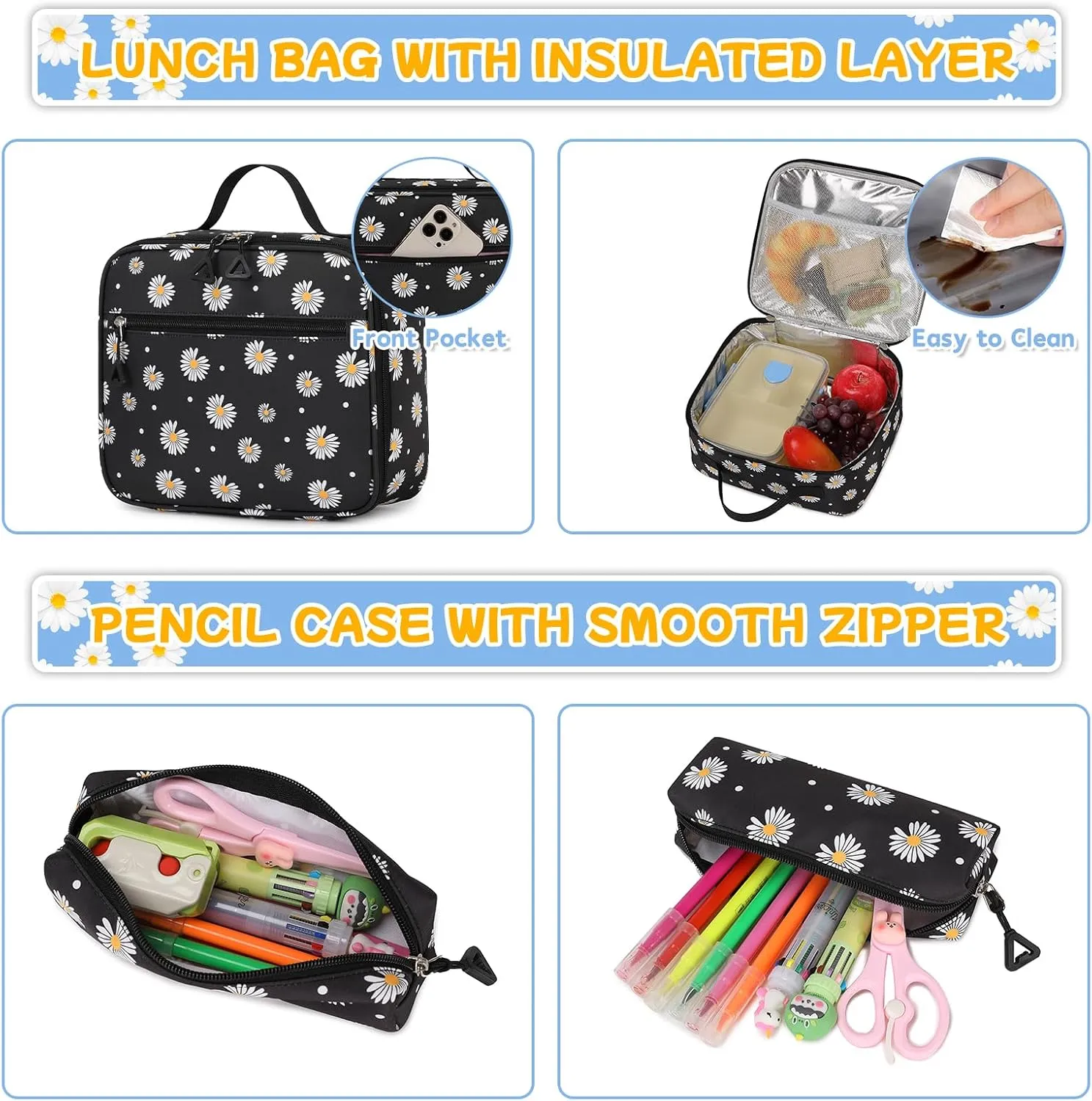 Backpack for Girls 3pcs Set Kids Backpack with Lunch Box Students Kawaii Book Bag for Elementary Primary Middle School Bags - Ita Backpack - Black Daisy