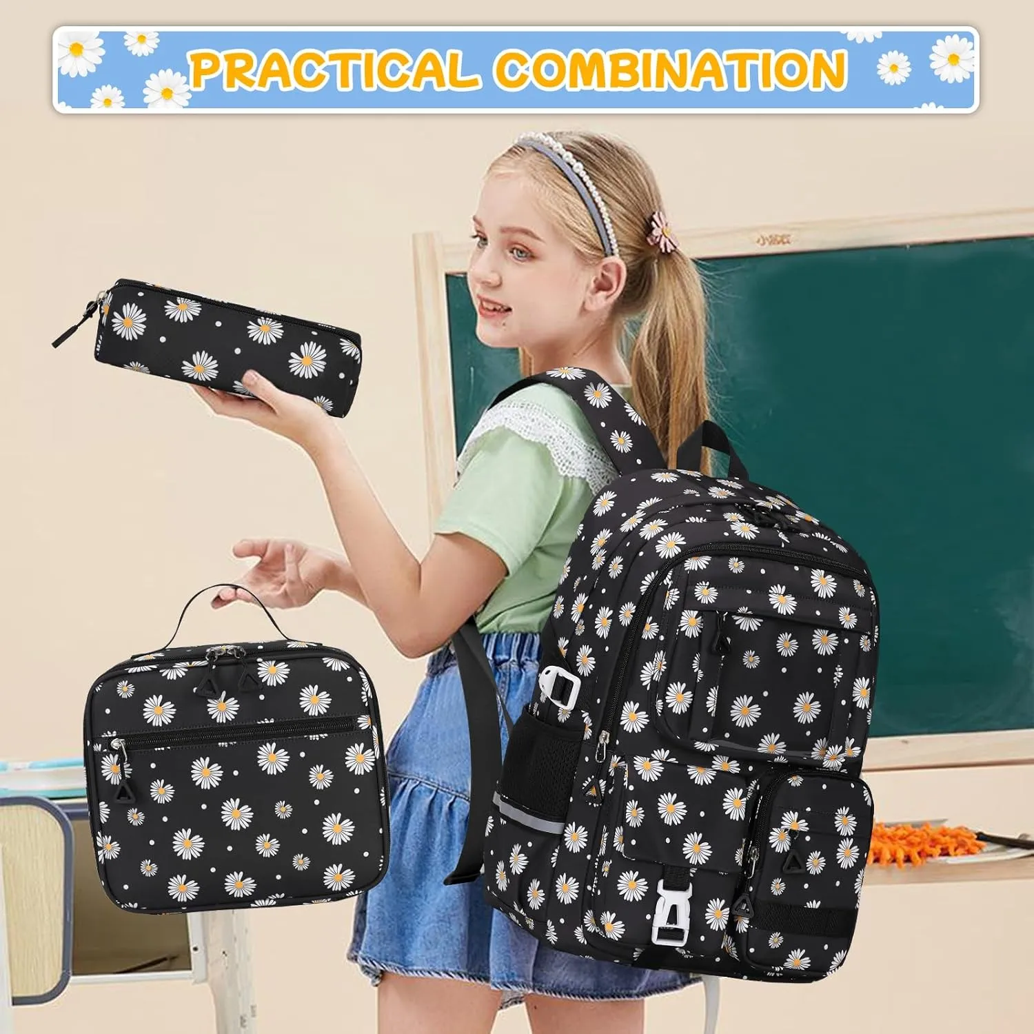 Backpack for Girls 3pcs Set Kids Backpack with Lunch Box Students Kawaii Book Bag for Elementary Primary Middle School Bags - Ita Backpack - Black Daisy