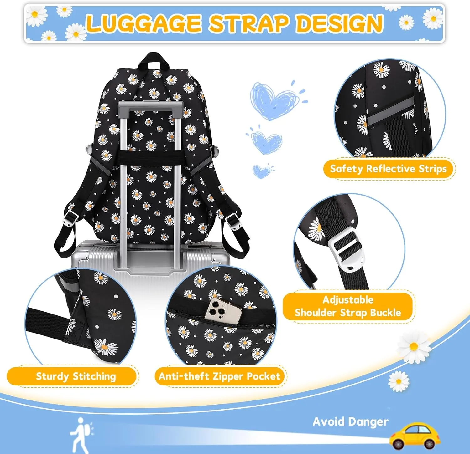 Backpack for Girls 3pcs Set Kids Backpack with Lunch Box Students Kawaii Book Bag for Elementary Primary Middle School Bags - Ita Backpack - Black Daisy