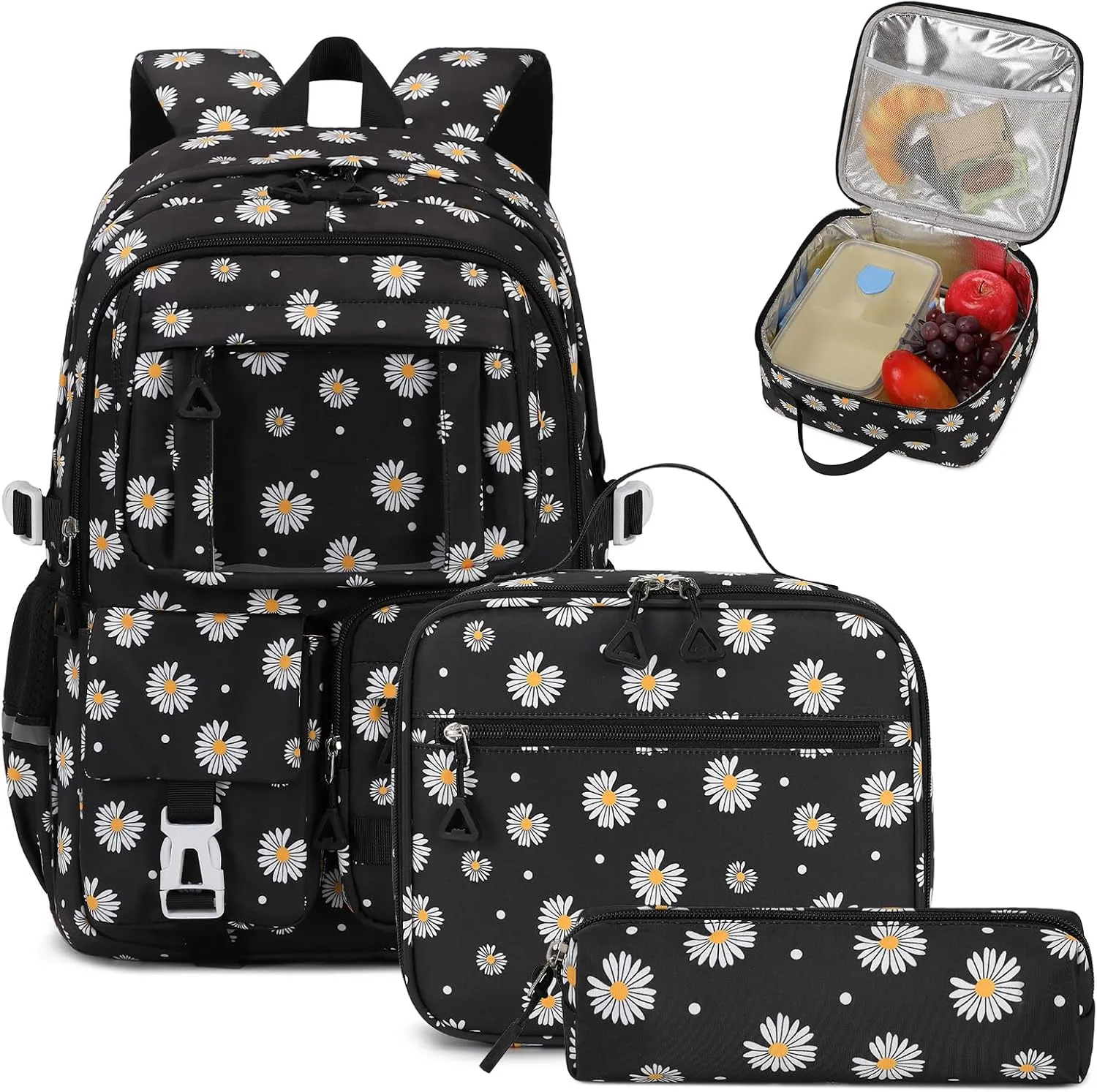 Backpack for Girls 3pcs Set Kids Backpack with Lunch Box Students Kawaii Book Bag for Elementary Primary Middle School Bags - Ita Backpack - Black Daisy